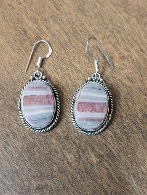 Sterling-Style Pink Rhodochrosite Oval Drop Earrings
